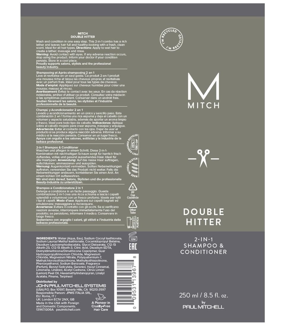 MITCH by Paul Mitchell Double Hitter 2-in-1 Shampoo and Conditioner for Men, For All Hair Types, 33.8 fl. oz.