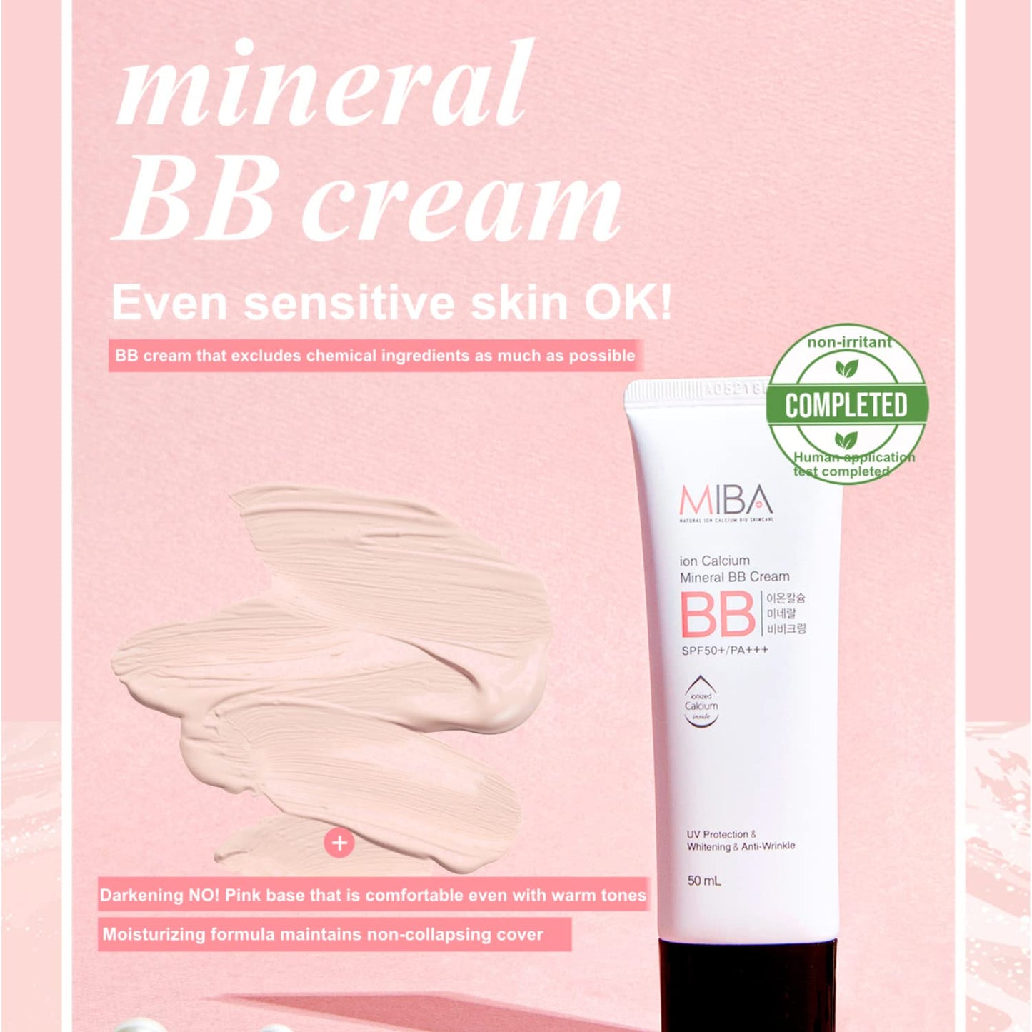 MIBA Ion Calcium Mineral BB Cream 50ml – Lightweight, Full Coverage, Long-Lasting, Mineral-Rich, Minimal Chemicals