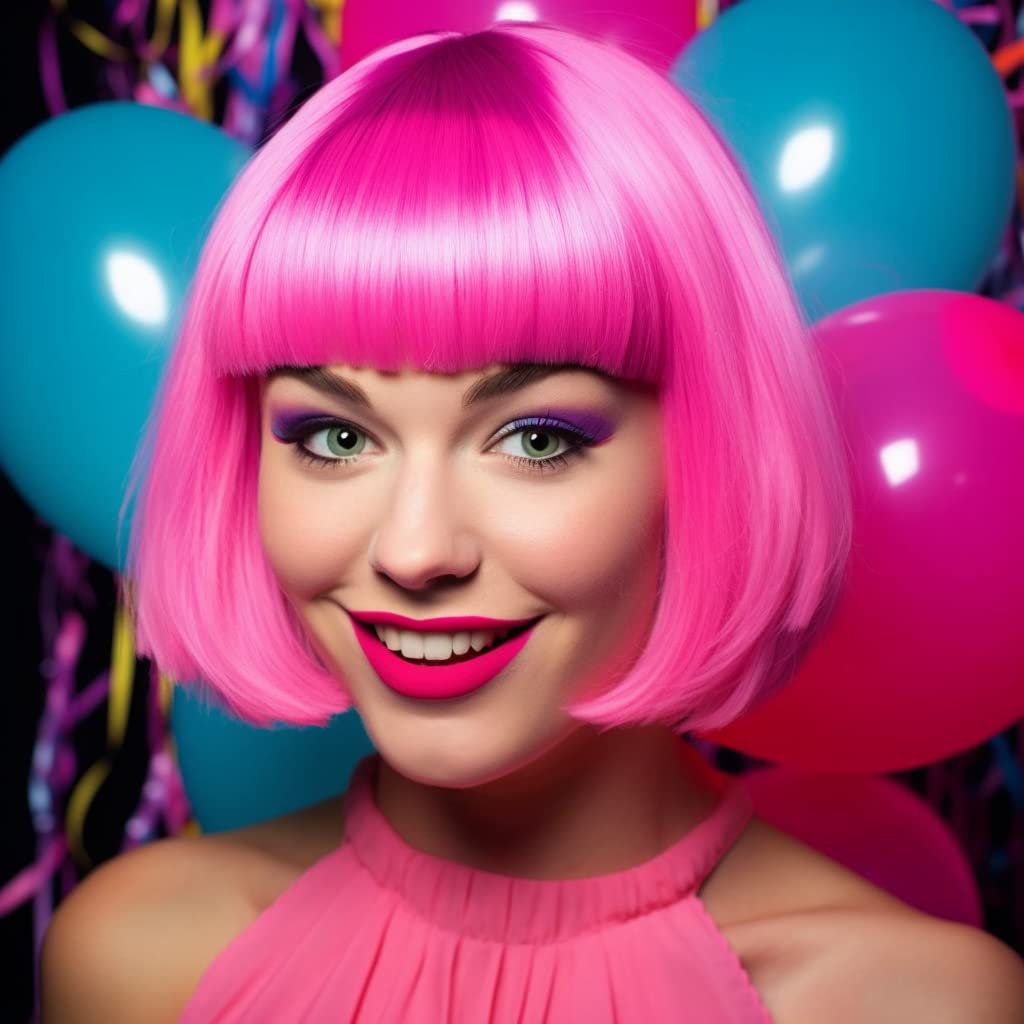 LIULIUBTY Short Bob Hair Wigs Straight with Flat Bangs Synthetic Colorful Cosplay Daily Party Neon Wig for Women + Free Wig Cap 14" Natural As Real