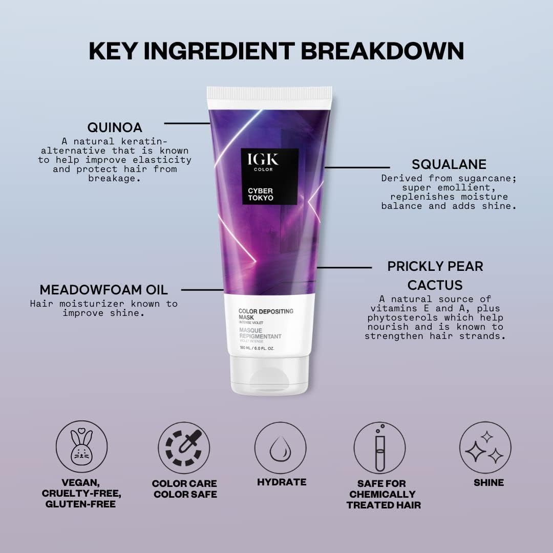 IGK Color Depositing Gloss Mask CYBER TOKYO - Intense Violet | Conditioning + Hydrate + Shine | Vegan + Cruelty Free | 6 Oz
