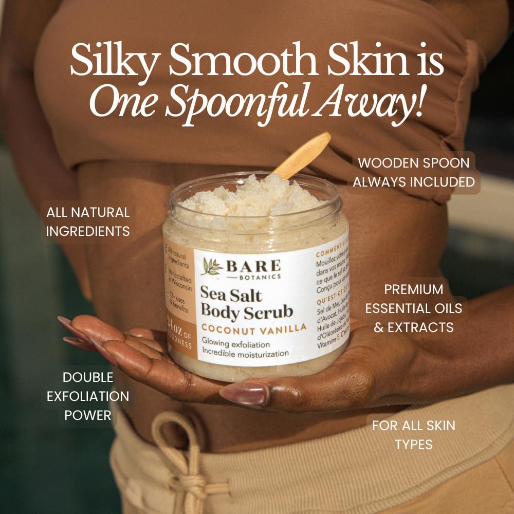 Bare Botanics Coconut Vanilla Body Scrub 24oz – All Natural Sea Salt Exfoliator, Vegan, Cruelty-Free, Moisturizing, Gift-Ready w/ Wooden Spoon