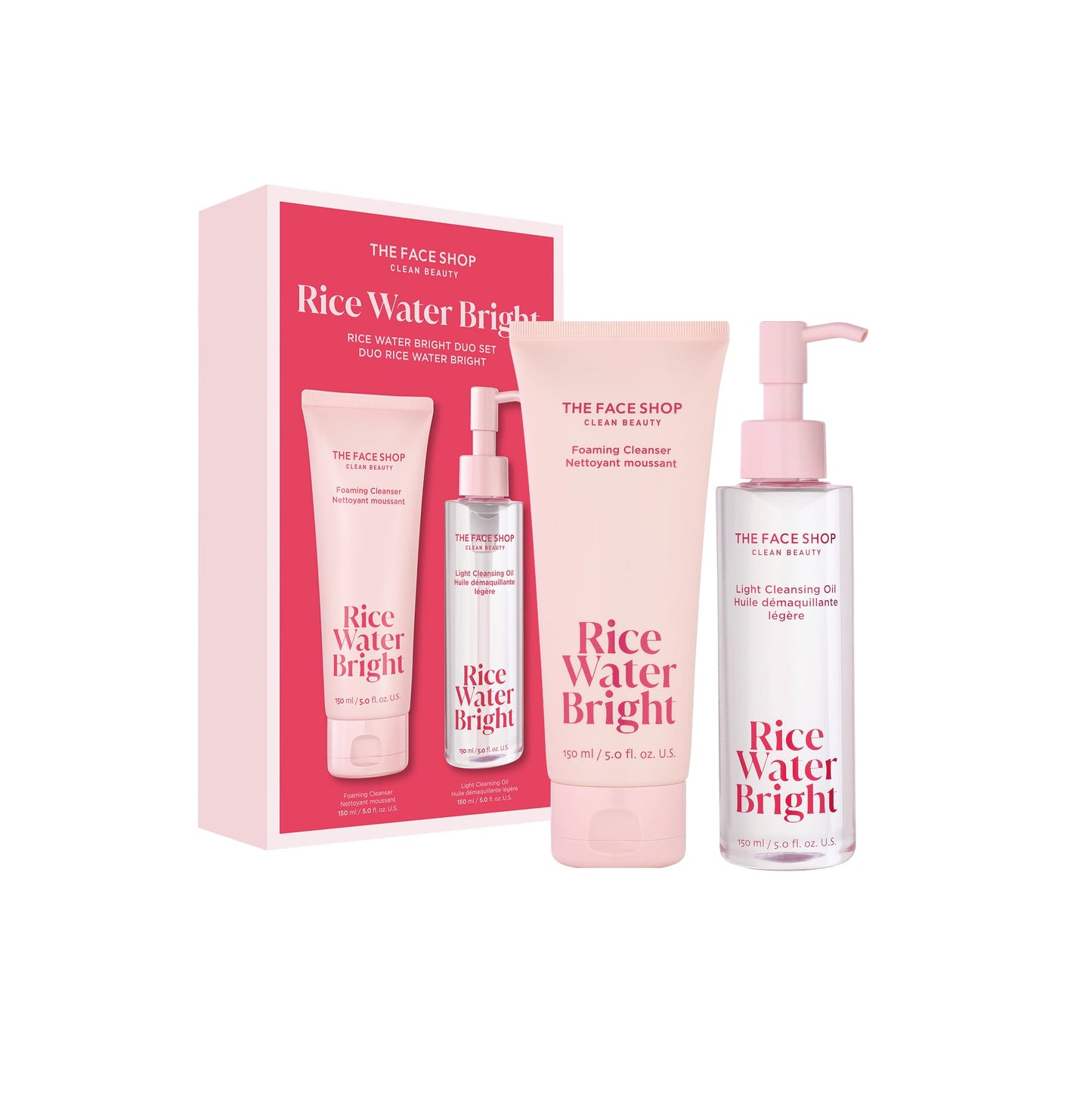The Face Shop Rice Water Bright Cleansing Duo Set – Gentle Face Wash & Pore Control Cleansing Oil, Hydrating, Moisturizing, Vegan, Korean Skincare