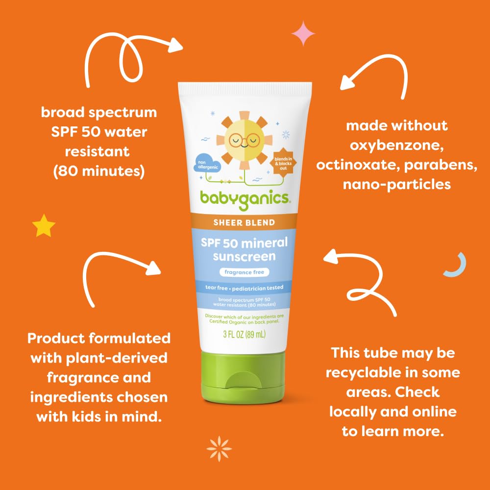 Babyganics SPF 50 Mineral Sunscreen Lotion, Sheer Blend, UVA UVB Protection, Octinoxate & Oxybenzone Free, Water Resistant, Fragrance Free, 8 oz
