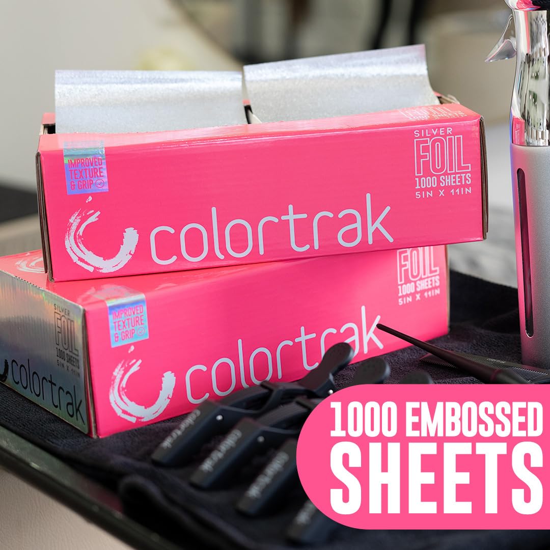 Colortrak Embossed Silver Aluminum Foil Sheets 5x11, 1000 Pre-Cut Pop-Up Dispenser, Non-Slip Textured Foil for Hair Coloring & Highlights