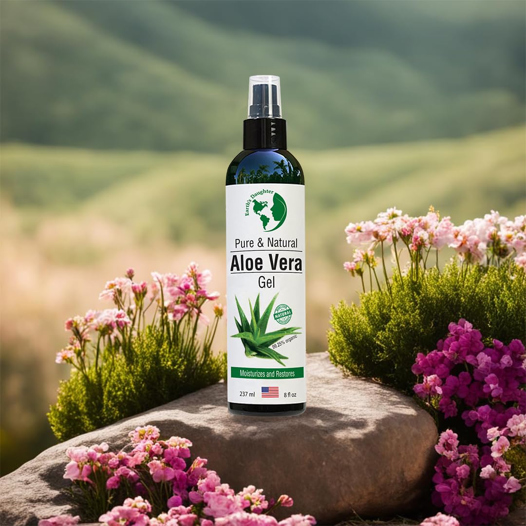 Earth's Daughter Organic Aloe Vera Gel, 100% Pure Cold-Pressed - Soothes Face, Hair, Acne, Sunburn, Bug Bites, Rashes & Eczema, 8oz