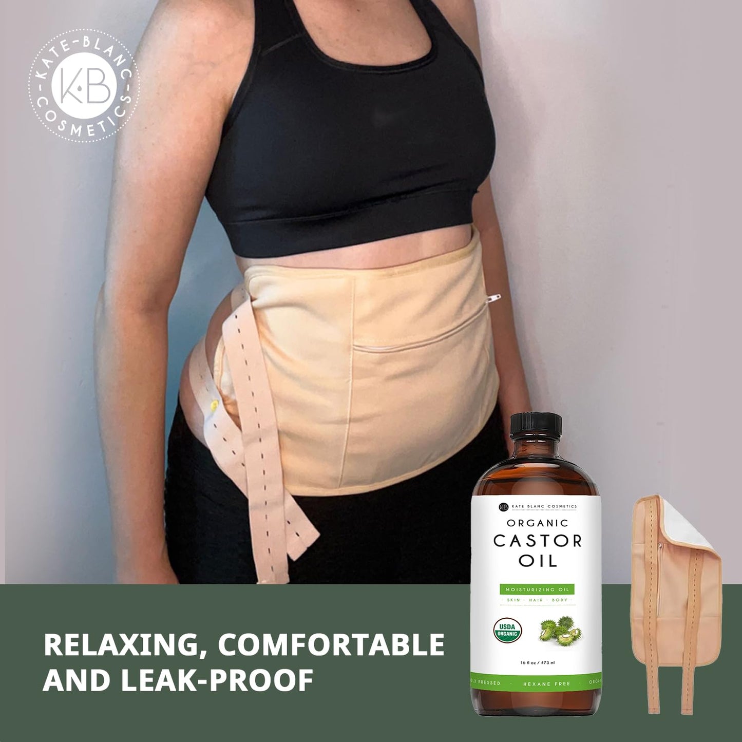 Kate Blanc Cosmetics Castor Oil Pack Wrap for Stomach & Belly (16oz Glass Bottle) Moisturize Body & Skin. Reusable, Adjustable, Comfortable Fit.