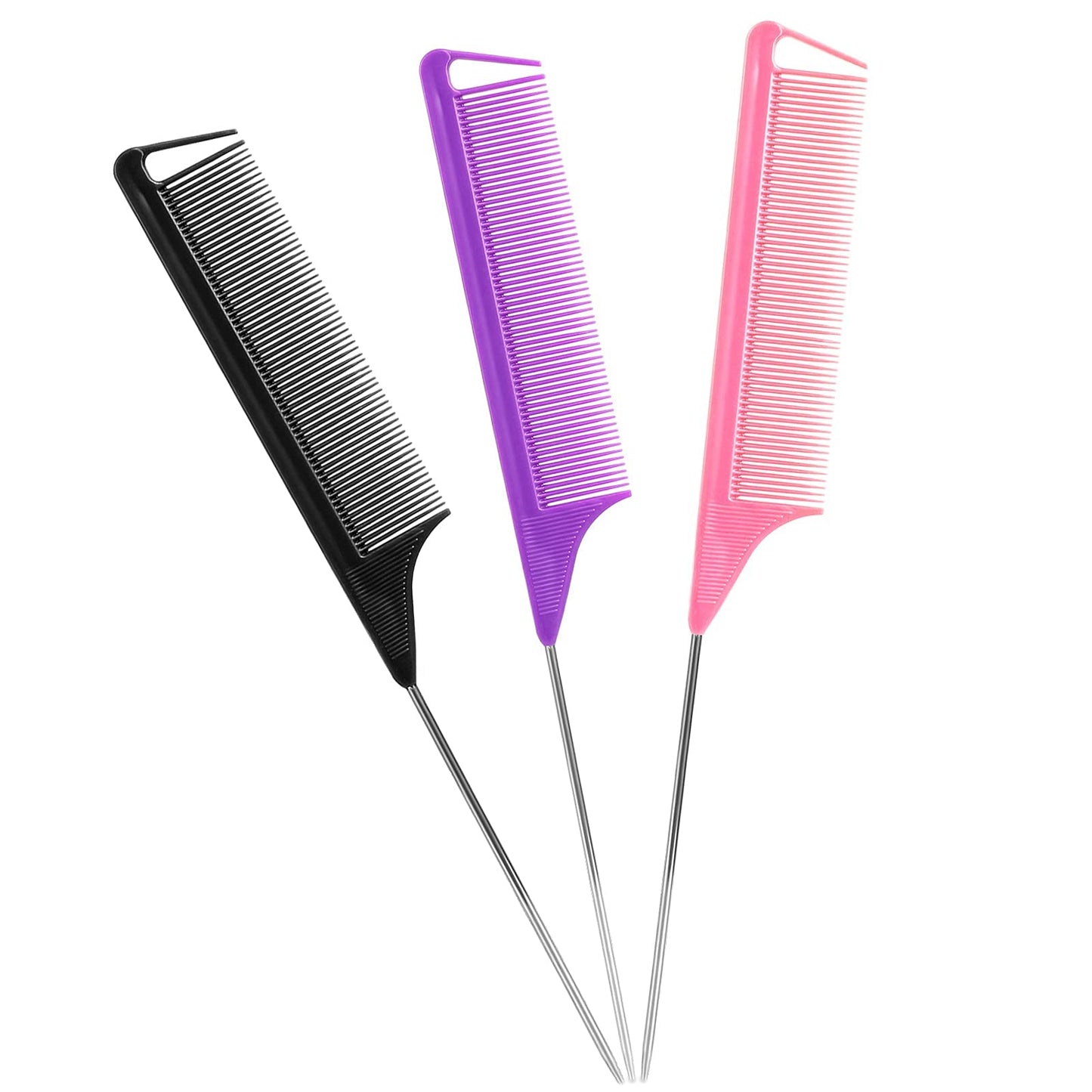 Rat Tail Combs Set: 3Pcs Long Steel Pin Teasing Combs for Salon Hair Stylists, Metal Parting Combs for Women (Purple, Black, Pink)