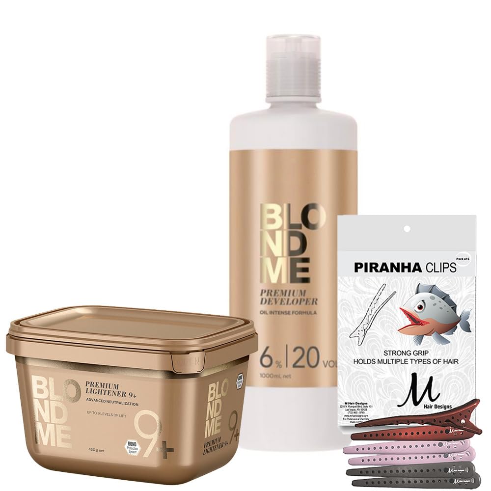 BlondeMe Bleach Powder & Developer Bundle – Lightener 9+ (450g) + 6% / 20 Vol Developer (1L) with M Hair Designs Piranha Clips