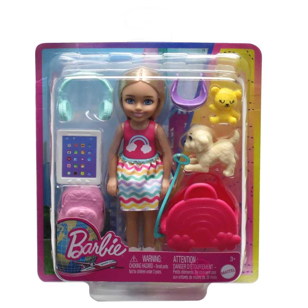 Barbie Chelsea Small Doll & 6 Accessories, Travel Set with Puppy, Pet Carrier & Backpack that Opens & Closes, Blonde Hair