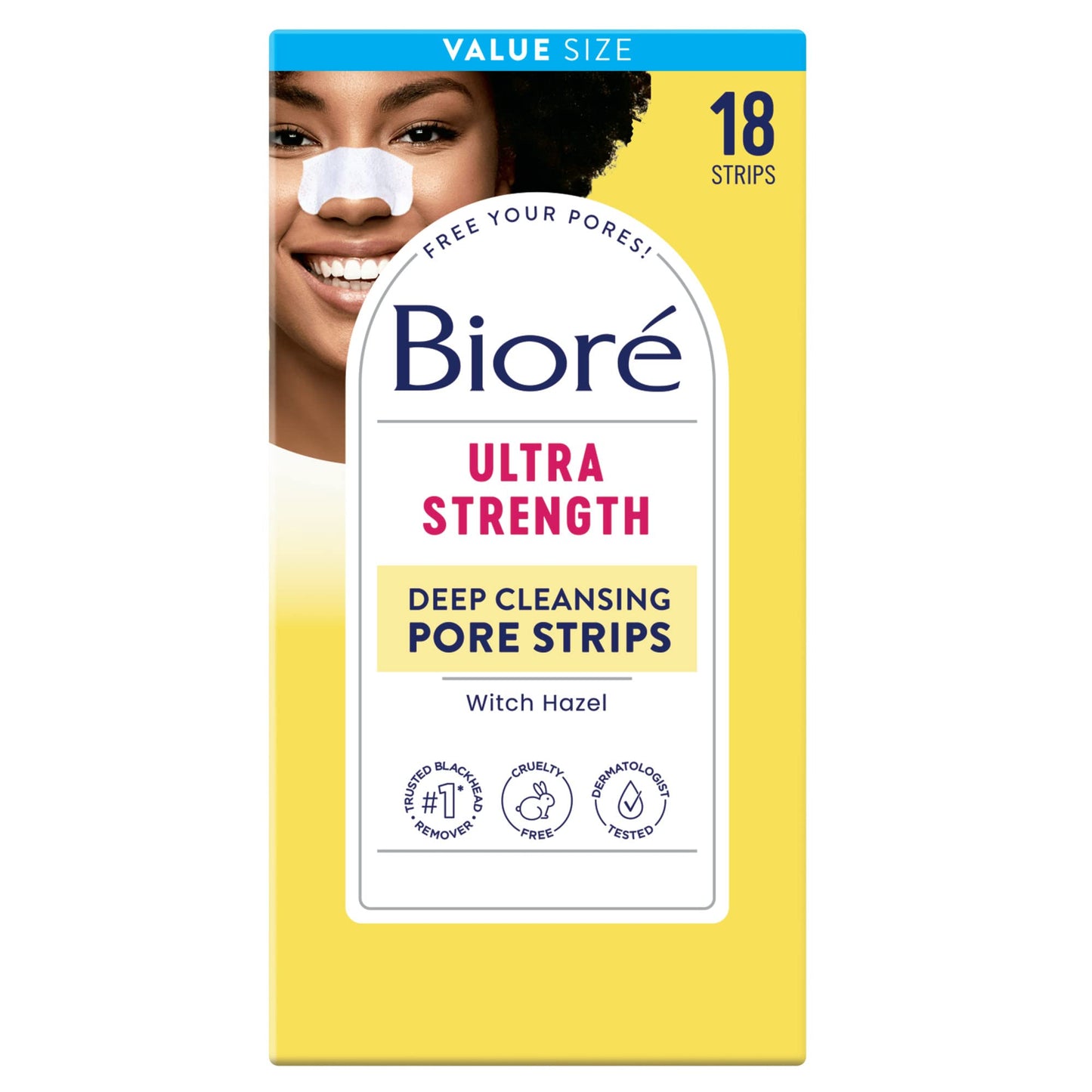 Bioré Witch Hazel Ultra Strength Blackhead Remover Pore Strips, Oil-Free, Non-Comedogenic, C-Bond Technology, 18 Count – Clears Pores Fast