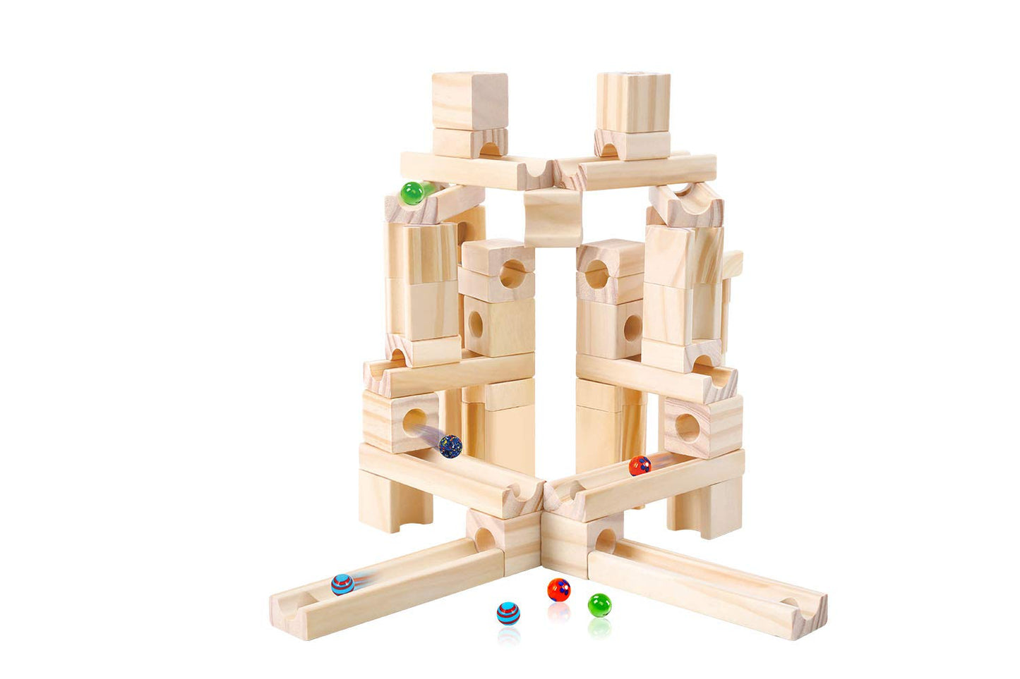 Wooden Marble Run STEM Toy for Kids 4-8 – 60+ Expandable Building Blocks with Glass Marbles & Guide – Safe Birchwood Construction, ASTM Certified