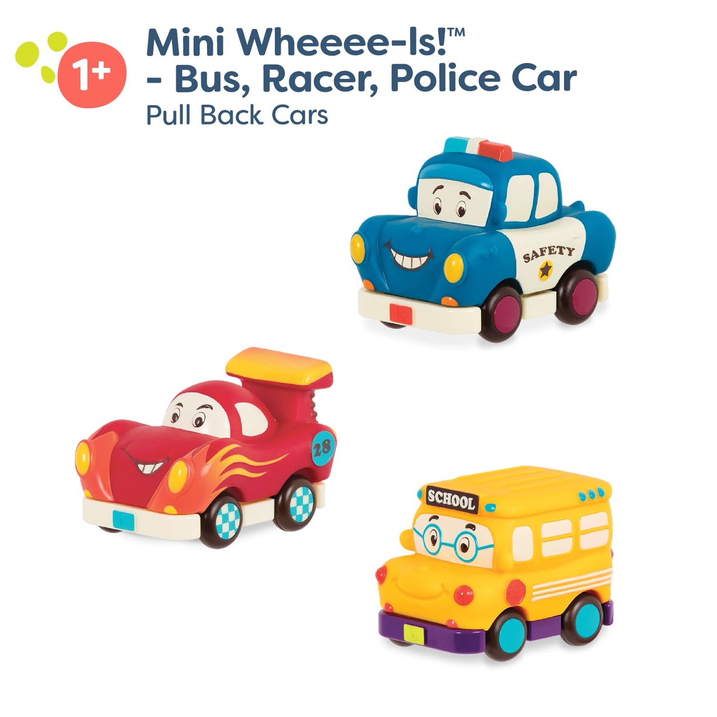 B. toys – Mini Wheeee – ls! – 3 Pieces Mini Pull – Back Vehicles Set, Bus & Cars, Multi, Hot Rod, School Bus, Police Car – 1 year +