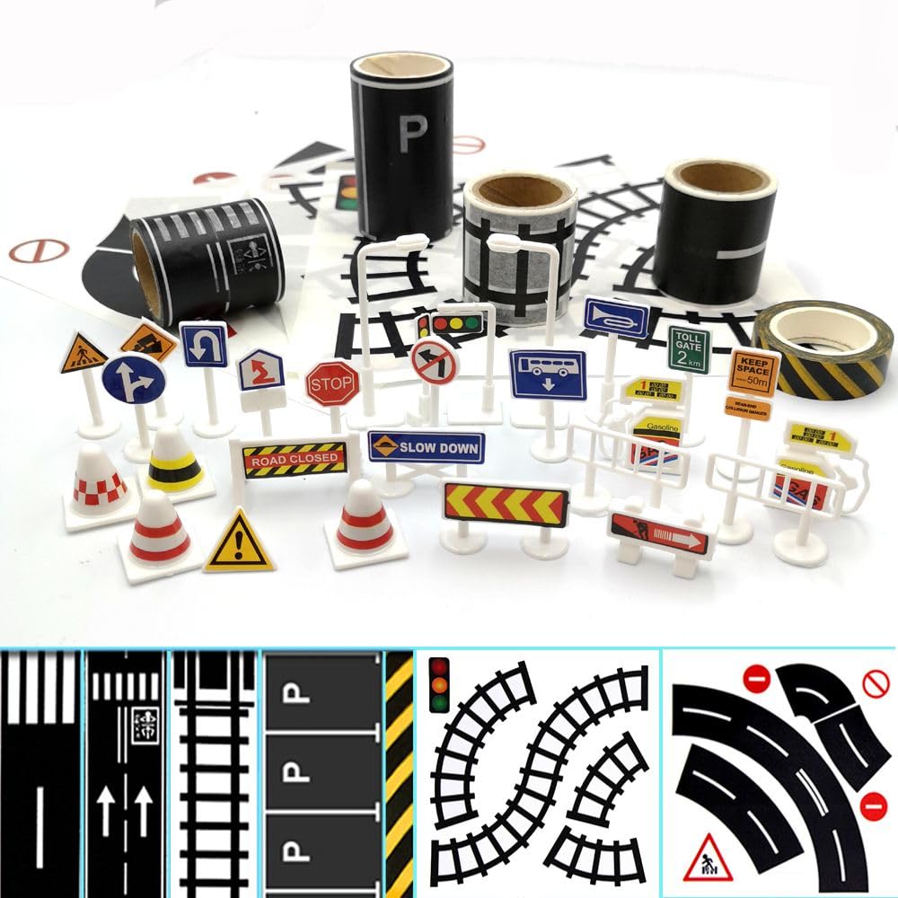 Road Tape for Toy Cars & Trains, 3 Rolls 197" x 1.9" with Traffic Signs, Stick to Floors & Walls, Easy Cleanup, Kids Play Gift