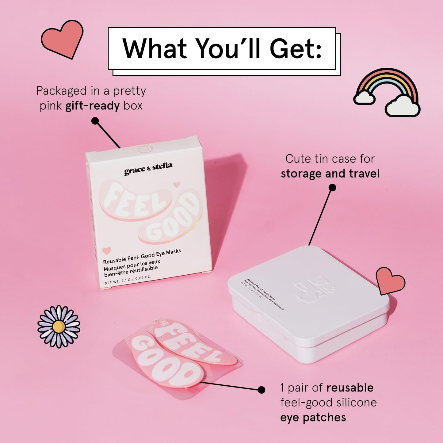 Grace & Stella Reusable Silicone Eye Patches for Dark Circles, Puffy Eyes Treatment, 1 Pair with Tin Case, Vegan & Cruelty-Free