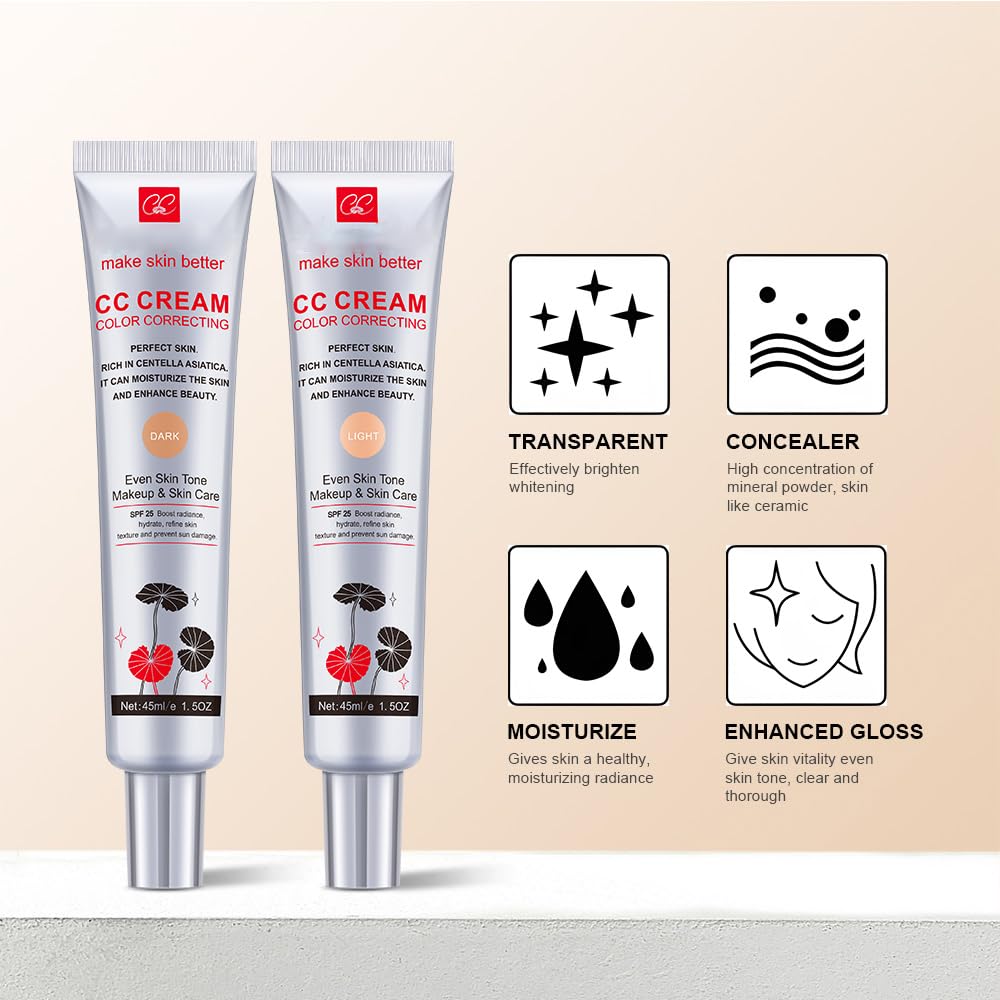 Color Correcting CC Cream SPF 25 – Lightweight Hydrating Foundation for Even Skin Tone, Radiance & Sun Protection, Light, 1PCS
