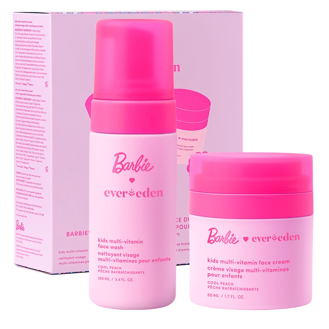 Evereden Barbie Kids Happy Face Duo Set – Multi-Vitamin Face Wash & Cream with Stickers & Bracelets, Vegan Skincare 3+
