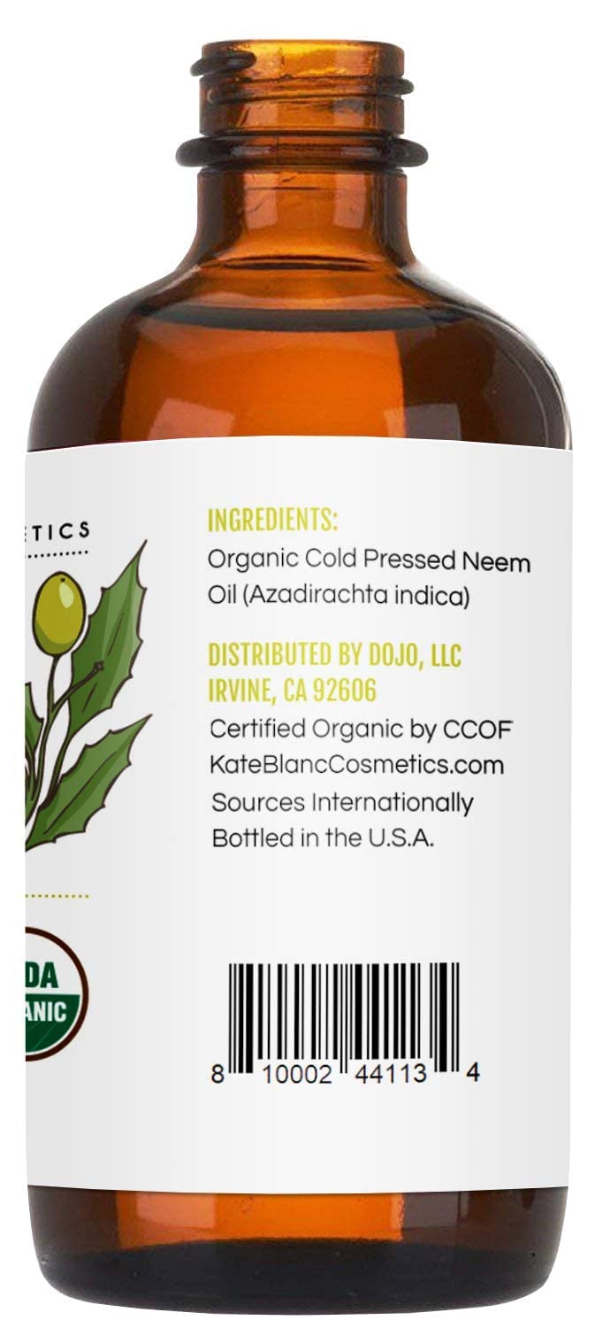 Kate Blanc Cosmetics Neem Oil for Skin, Hair & Face. Safe for Dog, Plants, Scalp (4oz, Organic, Cold Pressed, Concentrate)