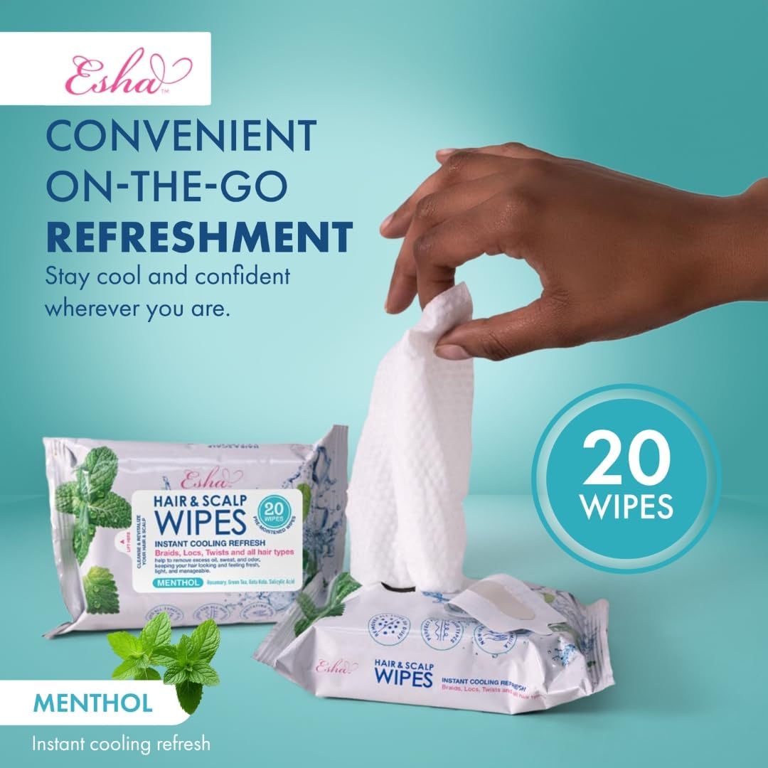 ESHA Hair & Scalp Wipes: Instant Cooling Refresh for Braids, Locs, Twists & All Hair Types - Stay Cool, Stylish, and Confident