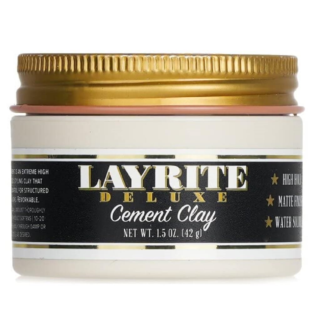 Jar of Layrite Deluxe Cement Clay with gold lid on a white background