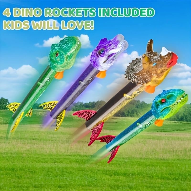 Topnradym Dinosaur Rocket Launcher, 6 Dinosaur Foam Rockets, Launch up to 100 ft, Family Fun, Birthdays, Gift