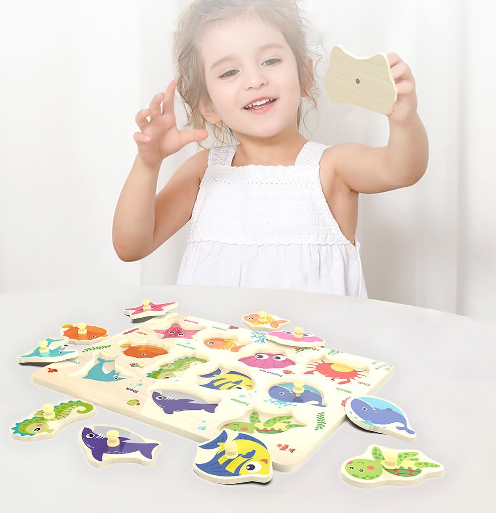 Wooden Peg Puzzle – Sea Creature Chunky Baby Puzzle with 11 Colorful Pieces, Shape & Animal Knob Board for Educational Toddlers 18+ Months