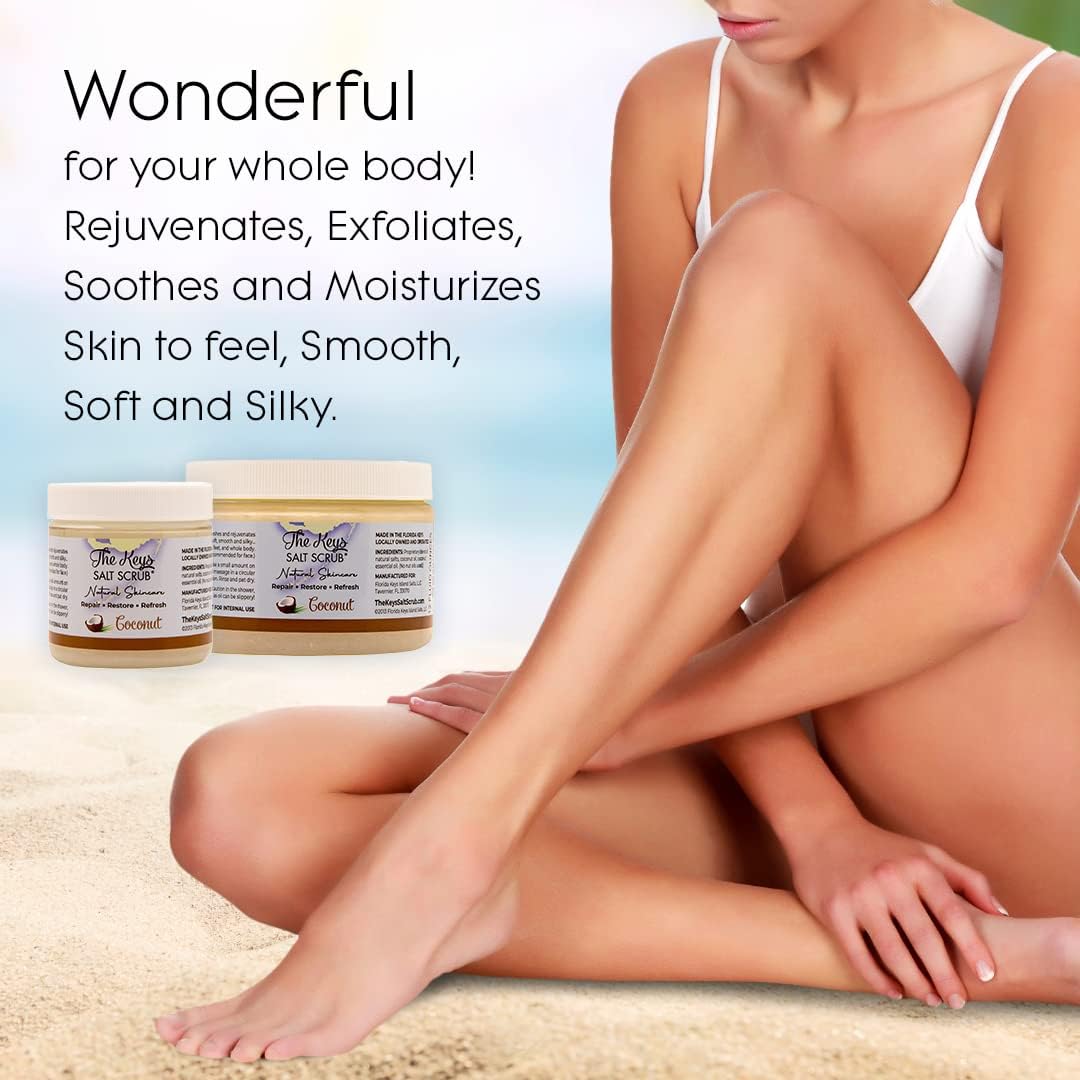 The Keys Sea Salt Scrub – Exfoliating & Moisturizing Body Scrub with Wooden Spoon for Hands, Feet & Bath, Coconut Scent, 3.4 oz