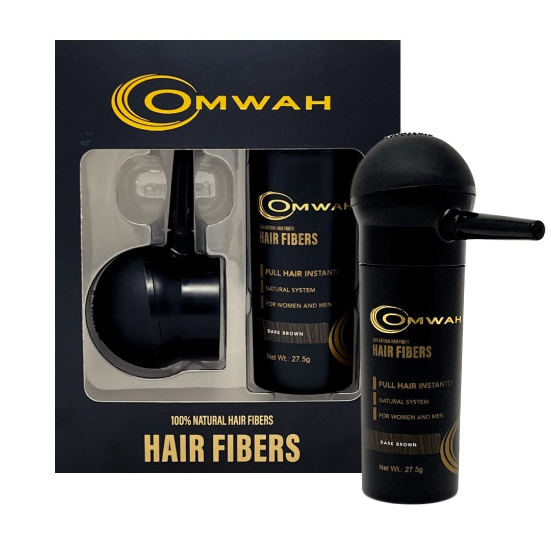 OMWAH Natural Hair Fibers for Thinning Hair 2-in-1 Kit – 27.5g Bottle with Spray Applicator Pump – Conceals Hair Loss & Adds Volume (Dark Brown)