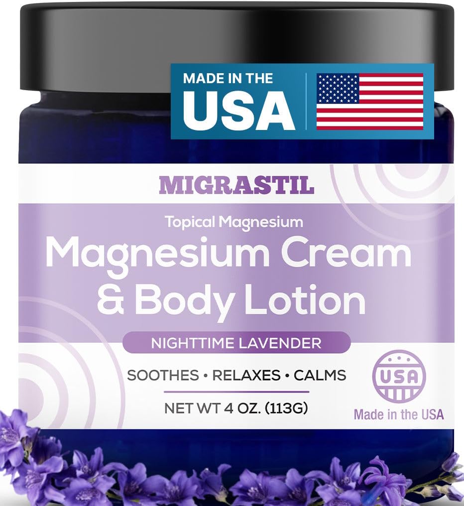 MIGRASTIL Nighttime Lavender Magnesium Cream & Non-Greasy Lotion, 250mg Extra Strength, Muscle Relief, Leg Cramps, Relaxation, Vegan USA
