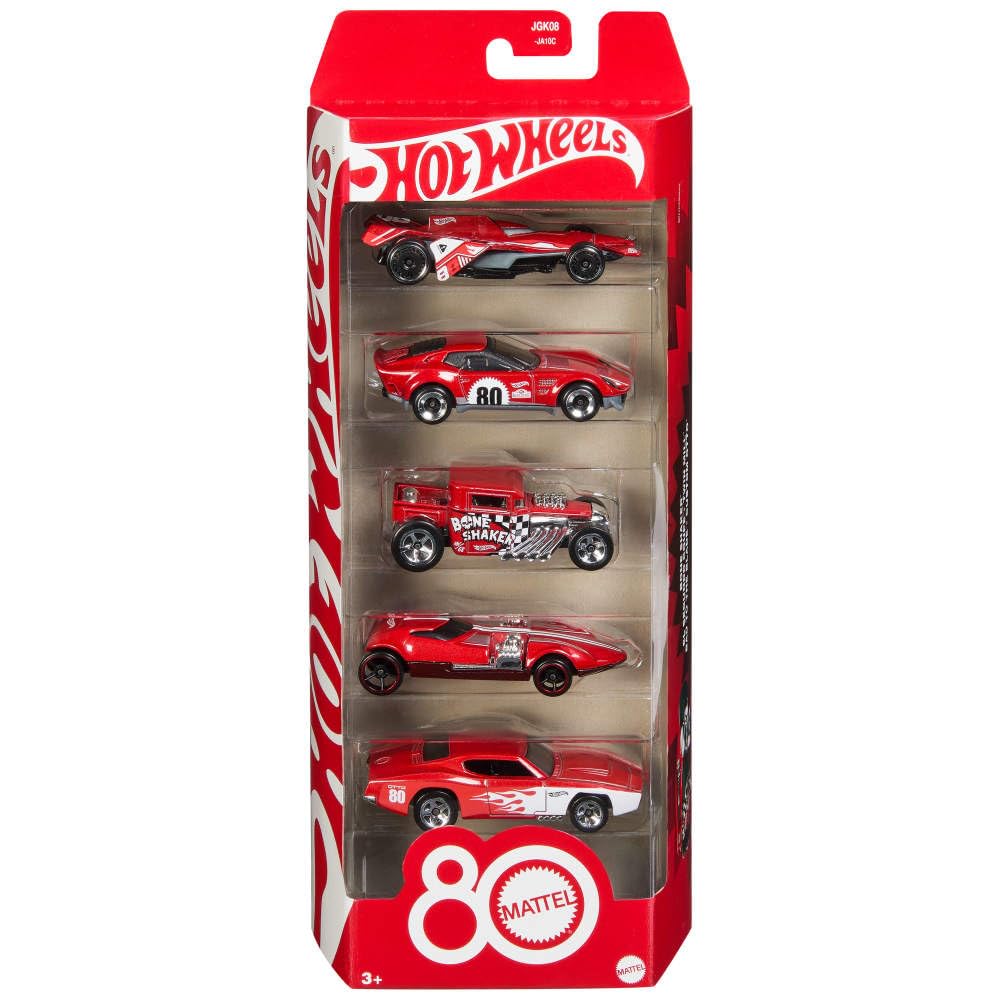 Hot Wheels Toy Cars, 5-Pack of 1:64 Scale Toy Cars with Collectible Deco & Packaging, Core Mattel 80th Anniversary Set of 5 Vehicles