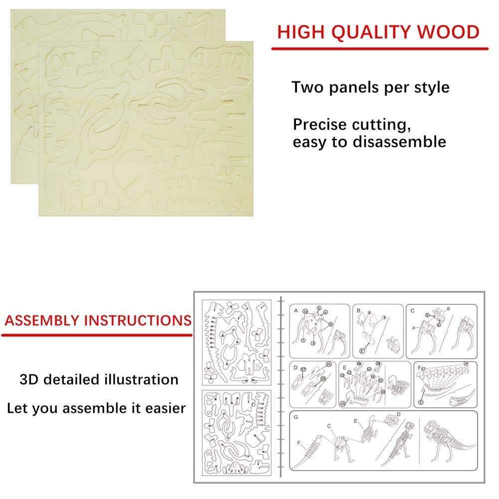 3D Wooden Dinosaur Puzzle - 6 Piece Set Wood Dinosaur Skeleton Model Puzzle - DIY Wooden Crafts 3D Puzzle - STEM Toys Brain Teaser Puzzle Gifts