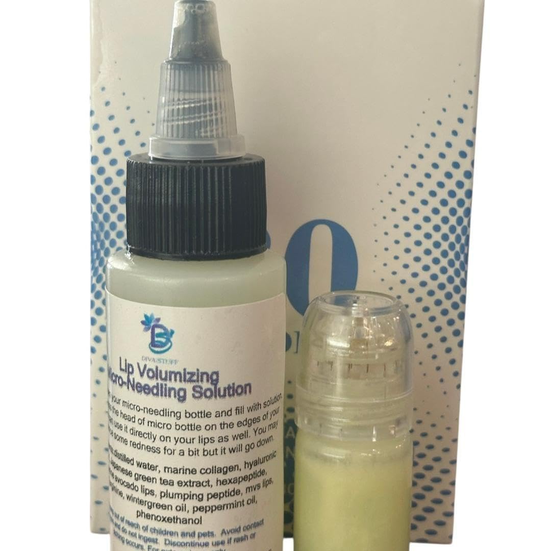 Lip Volumizing Micro-NeedIing Serum Solution and Applicator By Diva Stuff, With Peptides, Hyaluronic Acid, Wintergreen and Marine Collagen