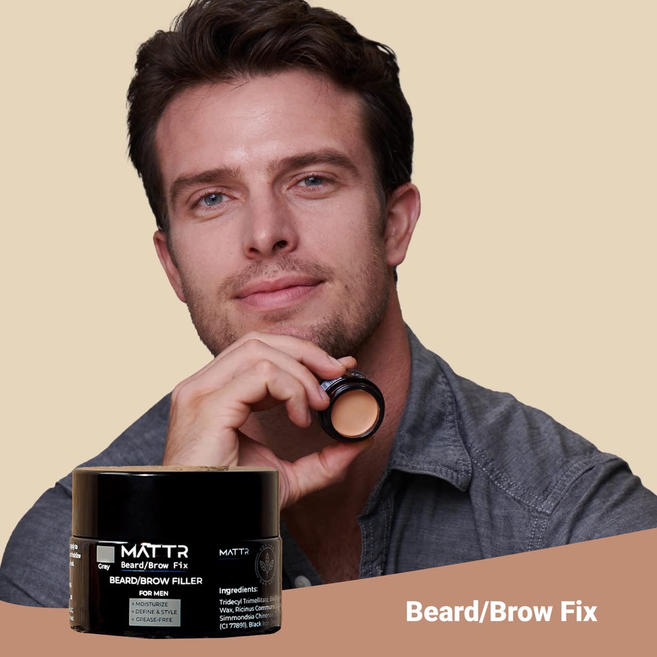 MATTR Beard Filler (Brown) - Luxury Grey Coverage & Hair Filler for Patchy Beards & Brows, Promotes Growth, Vegan, Travel-Friendly, 15g