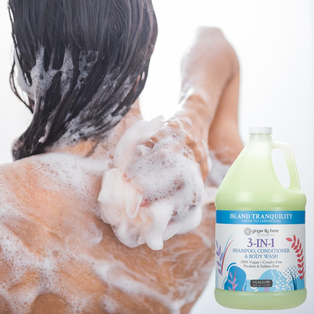 Ginger Lily Farms Botanicals 3-in-1 Shampoo, Conditioner & Body Wash Refill – Island Tranquility, Vegan, Green Tea & Lemongrass Scent, 1 Gallon