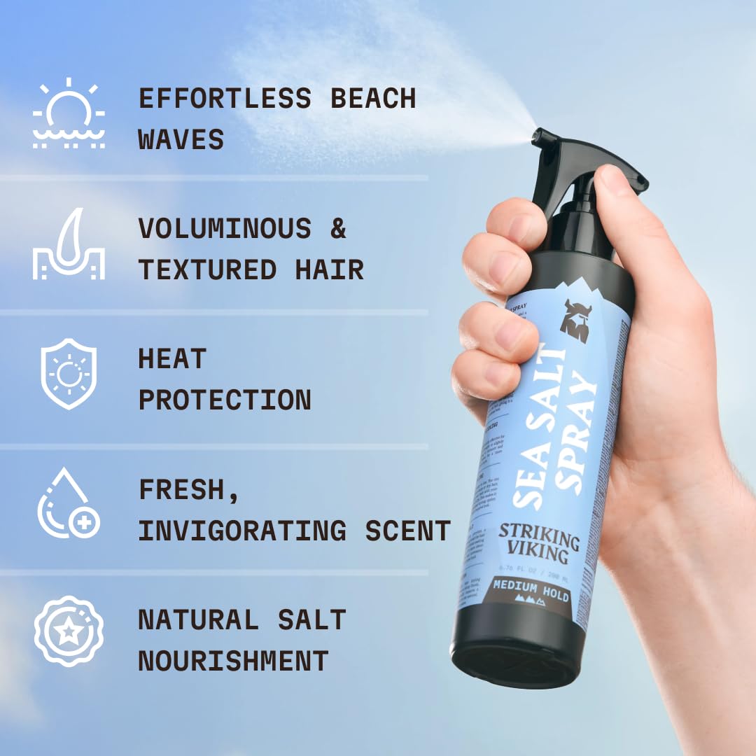 Striking Viking Sea Salt Spray for Men 6.76 fl oz – Strong Hold Volumizing Hair Spray, Texturizing & Curl Enhancing, Blue Ocean Scent, Paraben-Free
