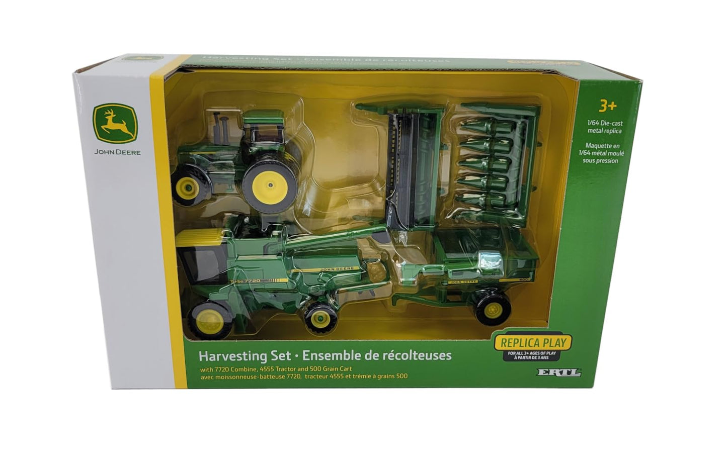 John Deere 1/64 Scale 5 pc Harvesting Set 4555 Tractor, 7720 Combine w/2 Heads, 500 Grain Cart
