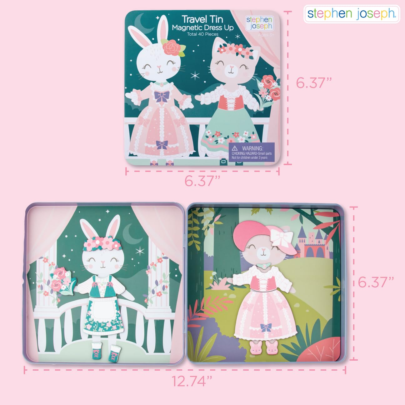 Stephen Joseph, Travel Tin Magnetic Dress Up,Bunny and Cat Small, 40 unique pieces