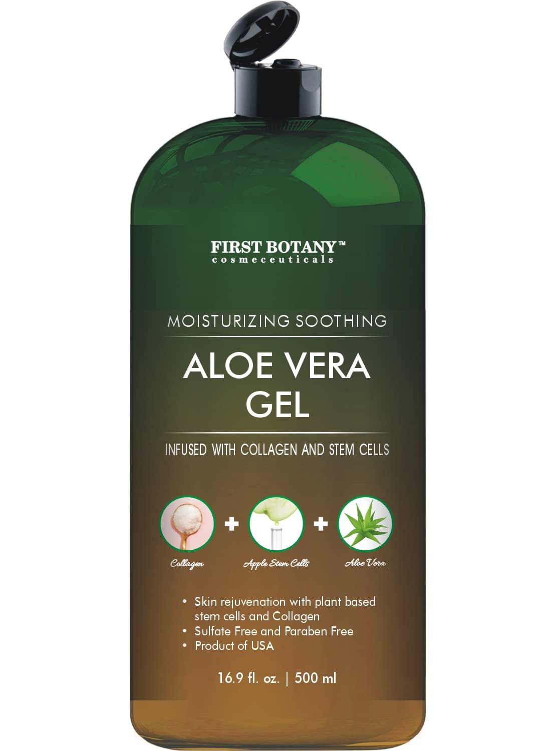 First Botany Pure Aloe Vera Gel 100% with Stem Cells, Collagen & Tea Tree Oil – Natural Moisturizer for Face, Body, Hair, Sunburn & Acne, 16.9 fl oz