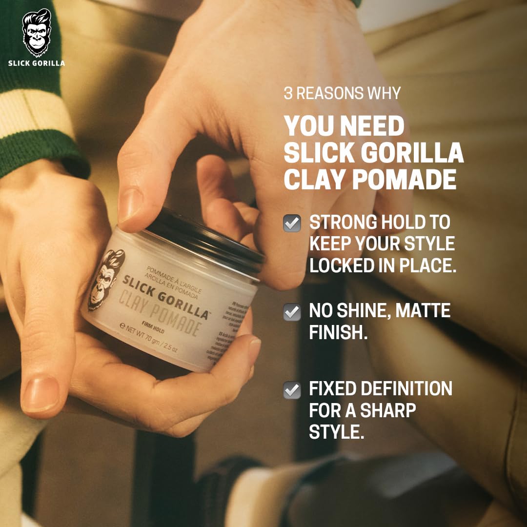 Slick Gorilla Clay Pomade for Men – Firm Hold, Natural Matte Finish Hair Clay | Non-Greasy, Easy to Wash, No Flakes | 2.5 oz (75 ml)