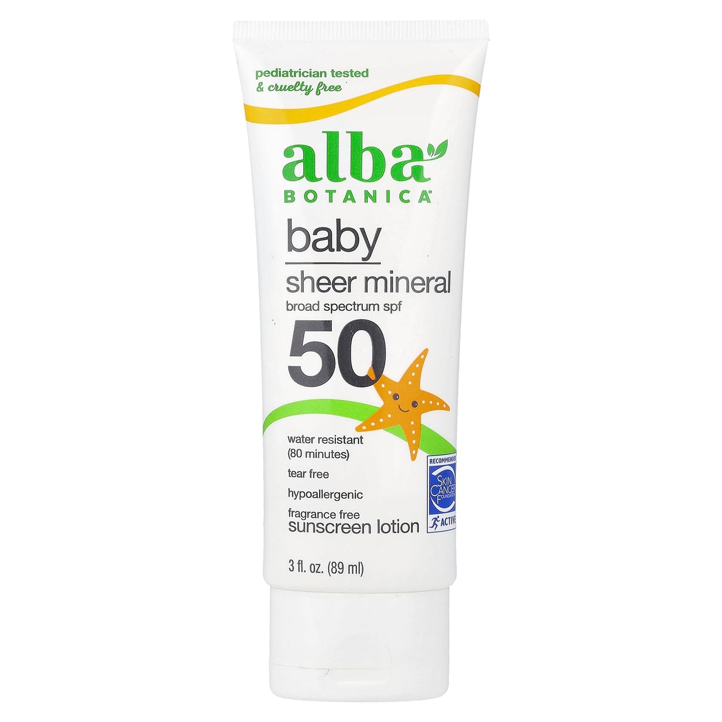 Alba Botanica Baby Mineral Sunscreen SPF 50 – Sheer, Fragrance-Free, Water Resistant Lotion for Face & Body, 3 Fl Oz