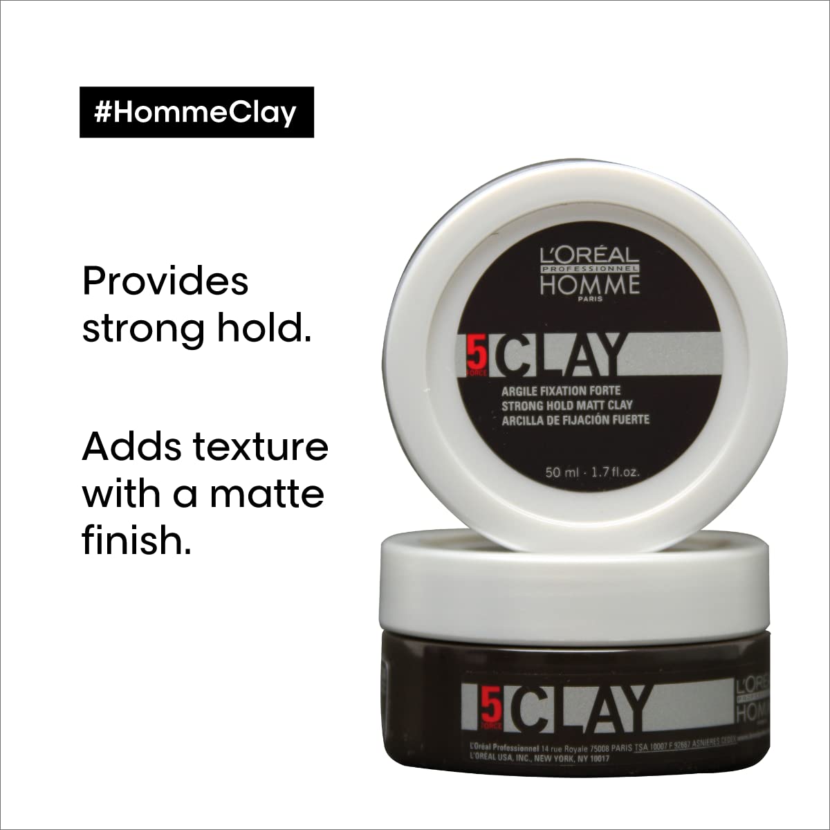 L'Oréal Professionnel Paris Men’s Styling Clay - For All Hair Types, Provides Strong Hold and Matte Finish
