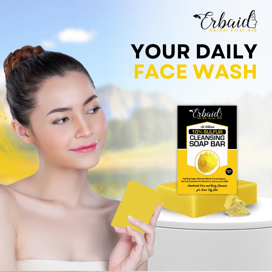 10% Sulfur Soap Bar for Face & Body – Natural Acne Cleanser with Tea Tree, Lemongrass, Vitamin E & Coconut Milk, Made in USA
