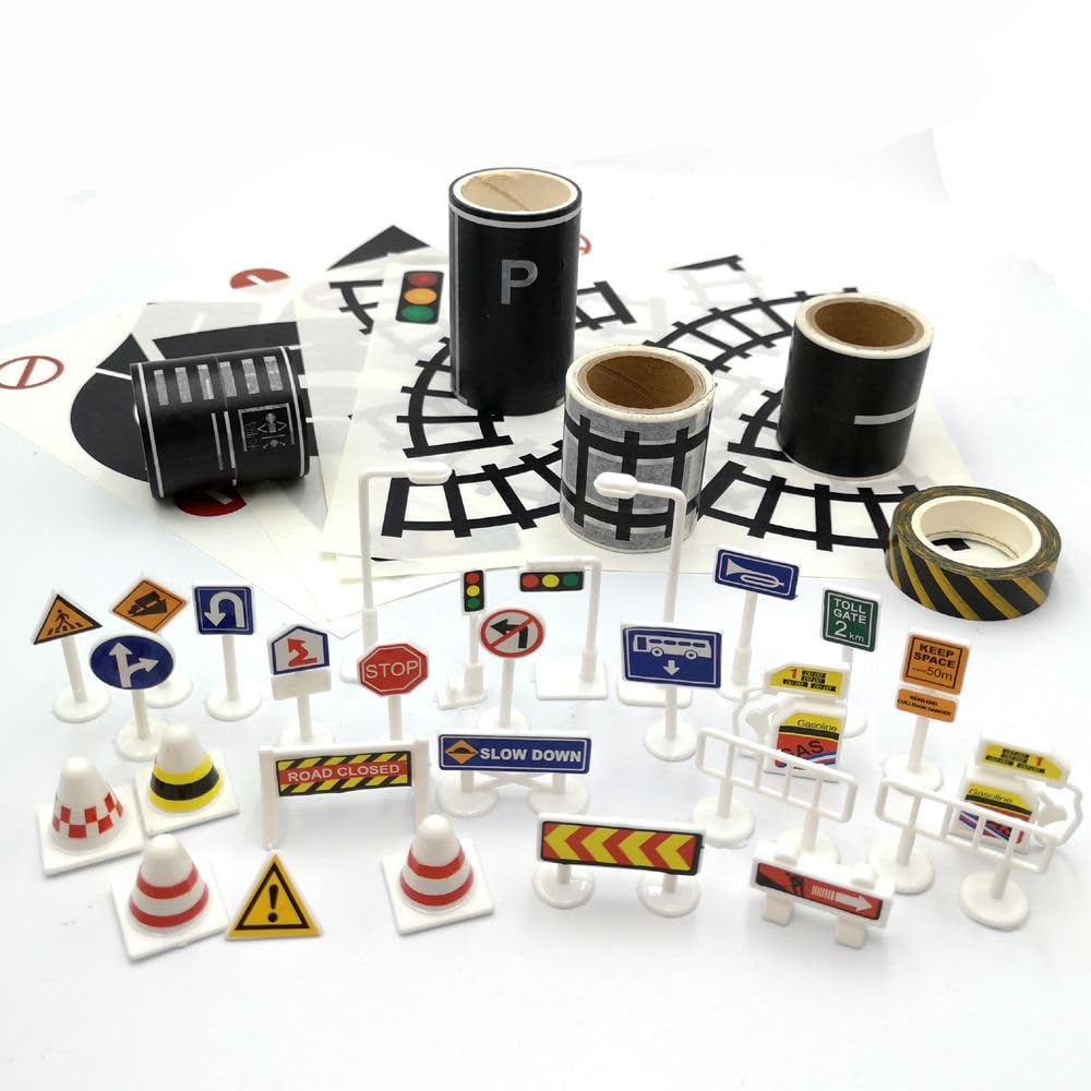 Road Tape for Toy Cars & Trains, 3 Rolls 197" x 1.9" with Traffic Signs, Stick to Floors & Walls, Easy Cleanup, Kids Play Gift