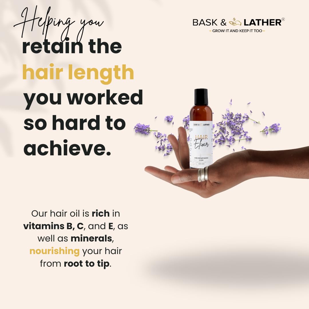 BASK & LATHER Elixir Hair Strengthening Oil, Jamaican Black Castor Oil, For Volume, Thickness, Detangle, De Frizz, Conditions New Hair Growth, 4 fl oz