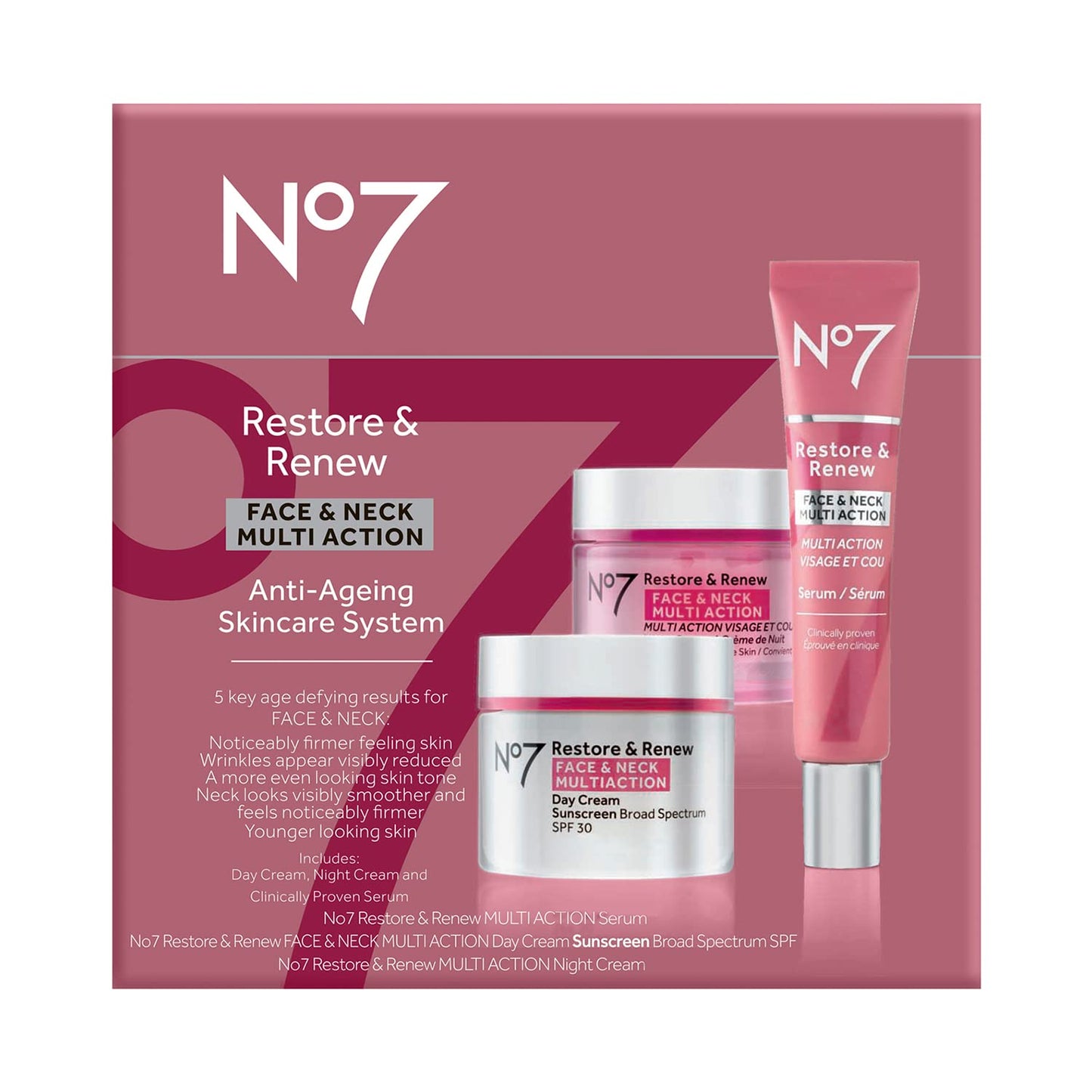 No7 Restore & Renew 3-Piece Face & Neck Skincare Kit – SPF 30 Day Cream with Vitamin C, Collagen Serum & Hydrating Night Cream