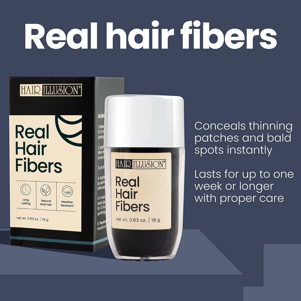 Hair Illusion Real Hair Fibers for Thinning Hair, 100% Natural Texture, Non-Synthetic Bald Spot Concealer for Men & Women, 18g