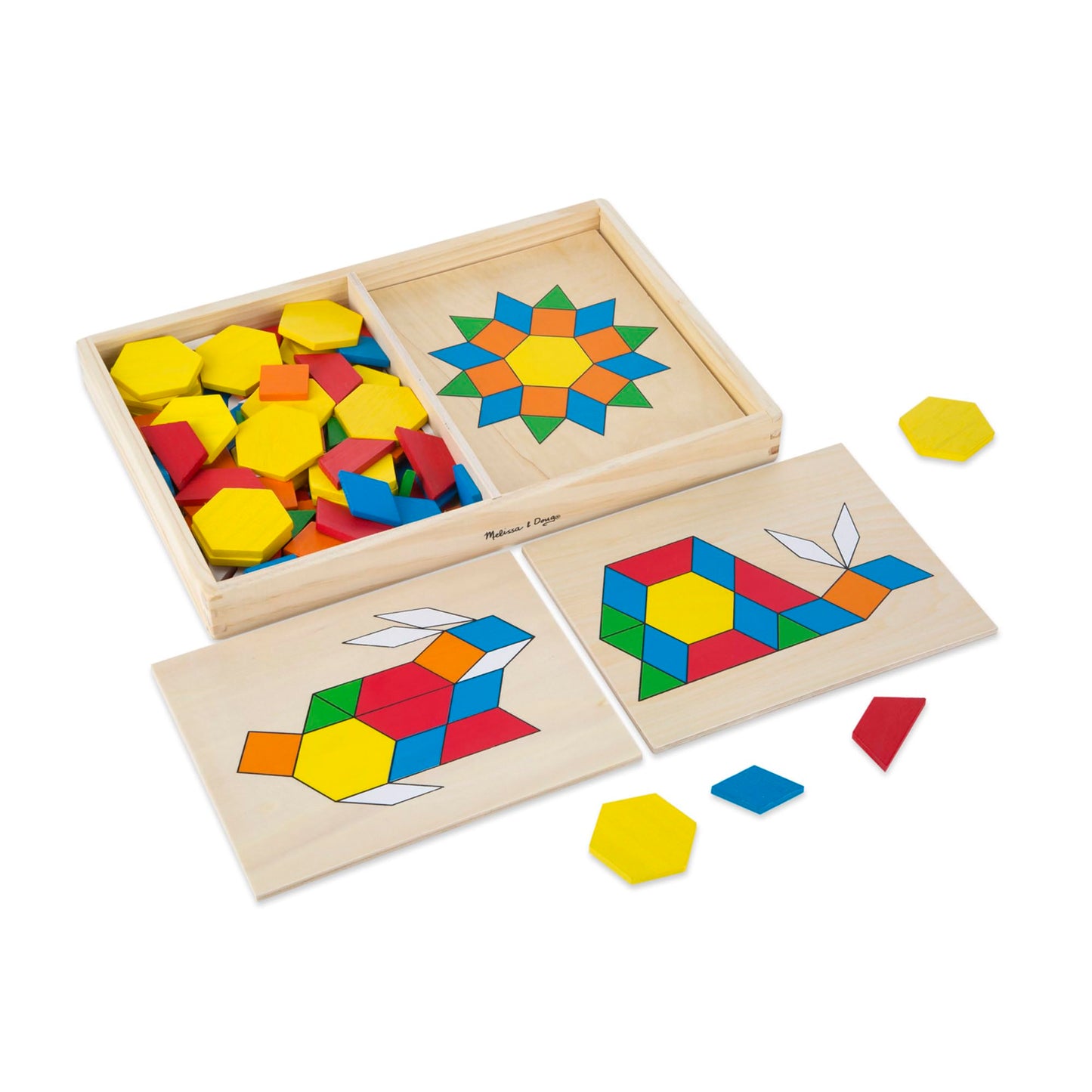 Melissa & Doug Pattern Blocks & Boards Set - 120 Wooden Shape Tiles, 5 Double-Sided Puzzle Boards, Montessori Tangram Toy for Kids