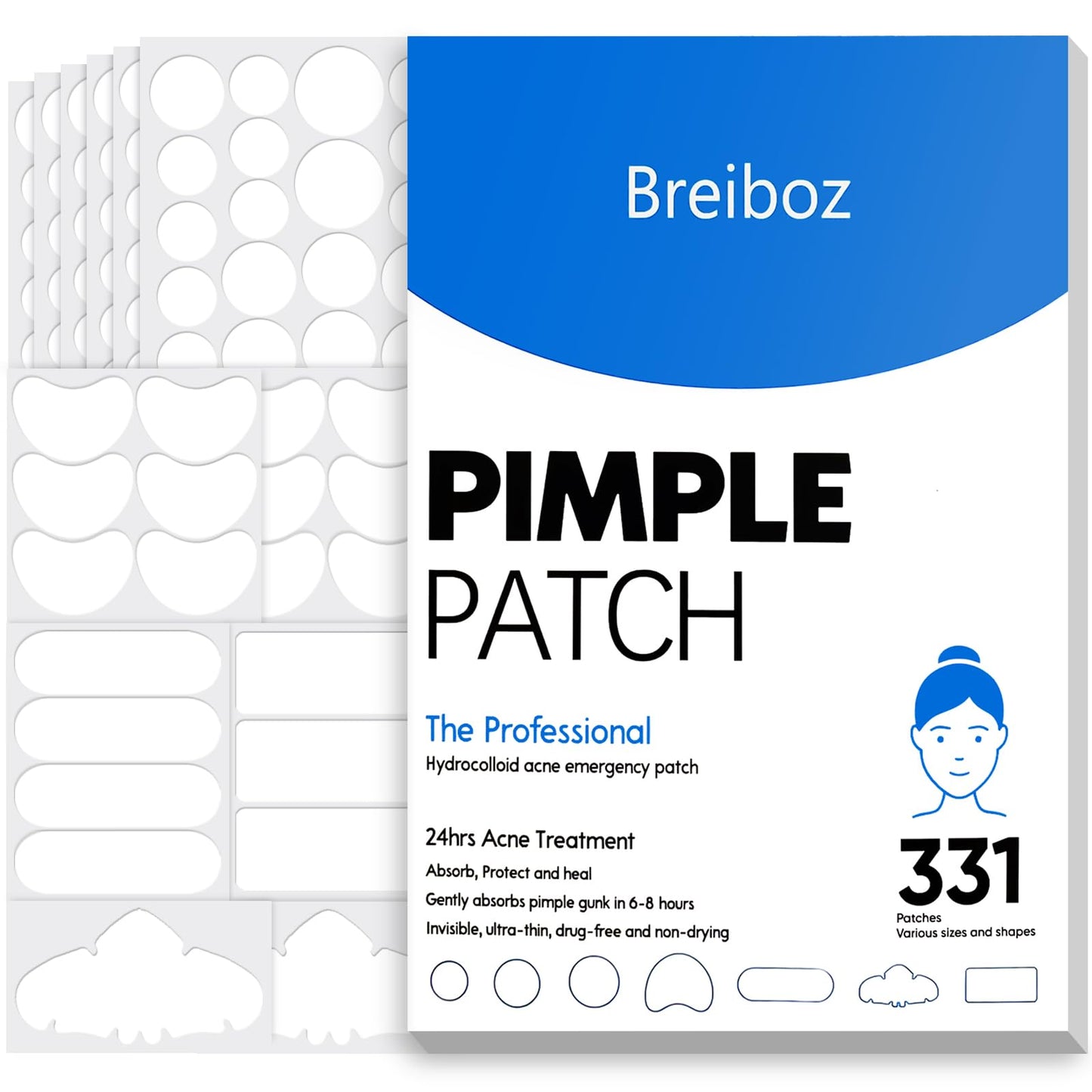 Large Acne Pimple Patches for Face – 331 Hydrocolloid Spots, 7 Sizes, Tea Tree, Salicylic Acid & Cica Oil, Big Spot Covers