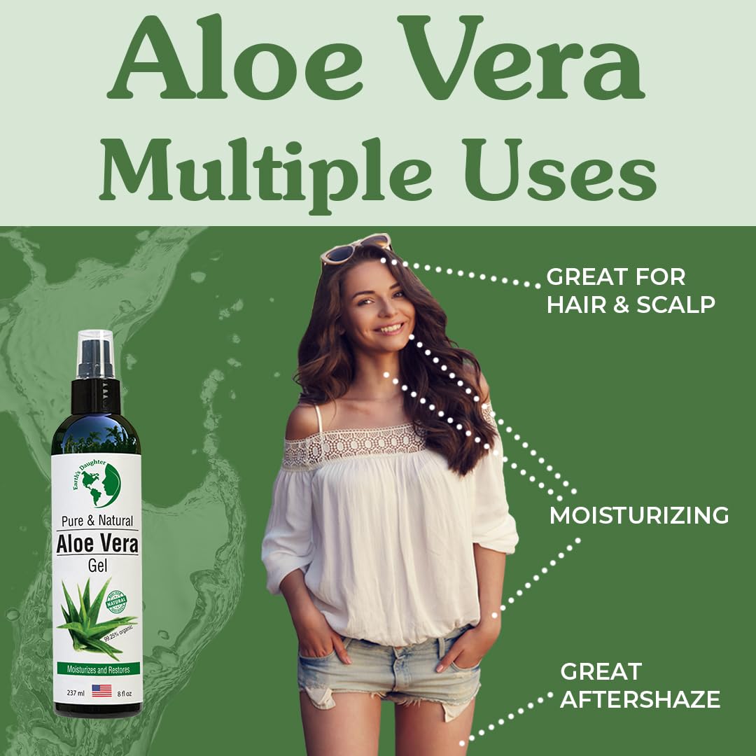 Earth's Daughter Organic Aloe Vera Gel, 100% Pure Cold-Pressed - Soothes Face, Hair, Acne, Sunburn, Bug Bites, Rashes & Eczema, 8oz