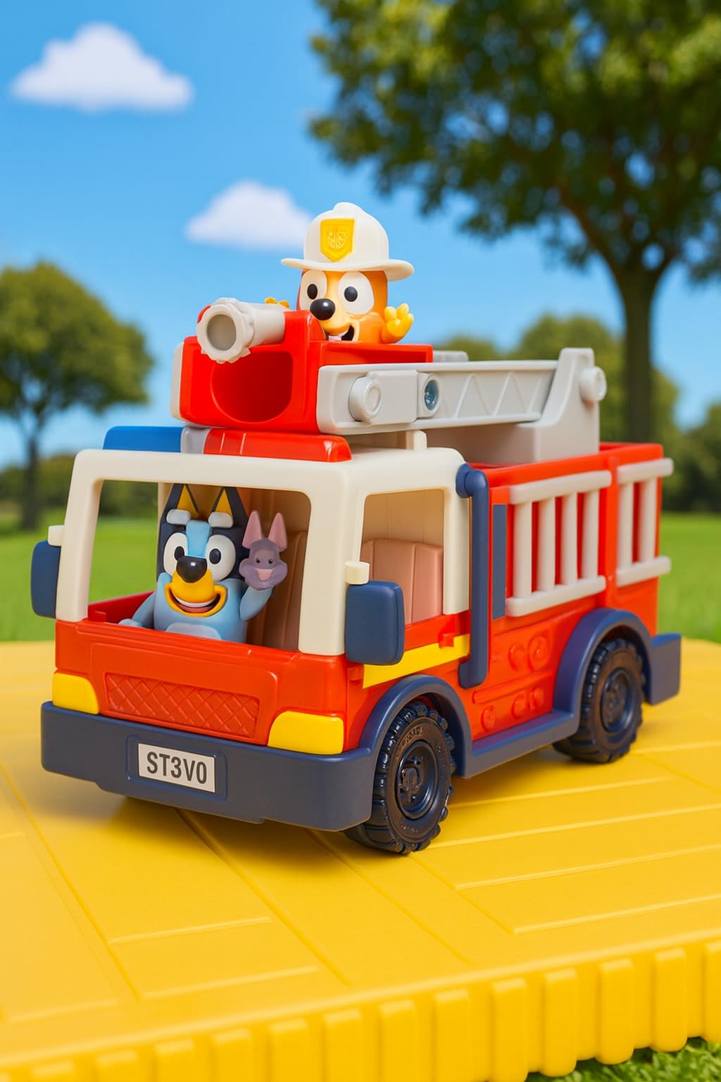 Bluey Firetruck Toy with Firefighter Bingo, Bob Bilby Figures | Extendable Ladder & Hose | Includes Stickers - Perfect for Kids Ages 3+