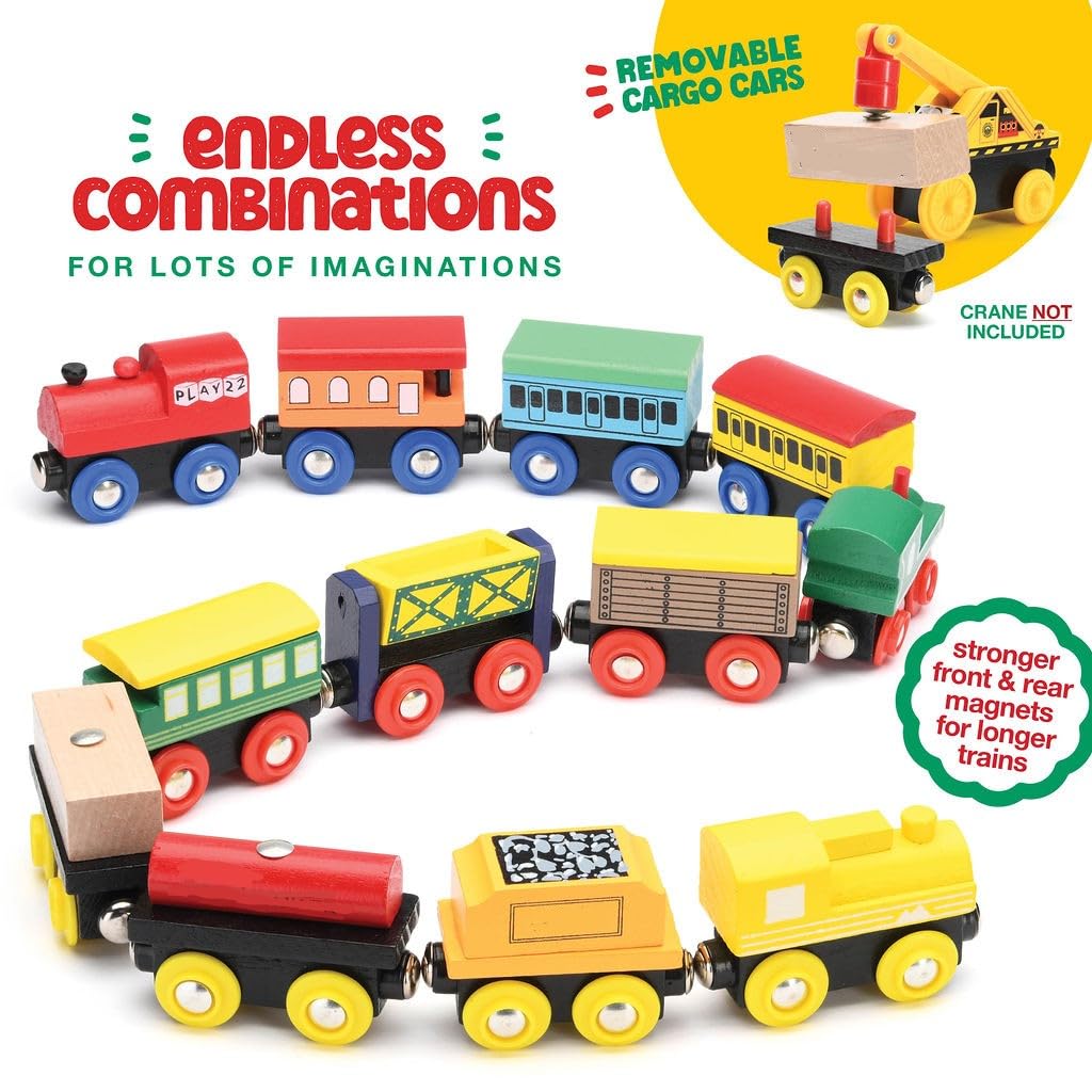 Play22 Wooden Train Set 12 PCS - Magnetic Train Toys with 3 Engines, Compatible with All Major Brands for Toddlers & Kids